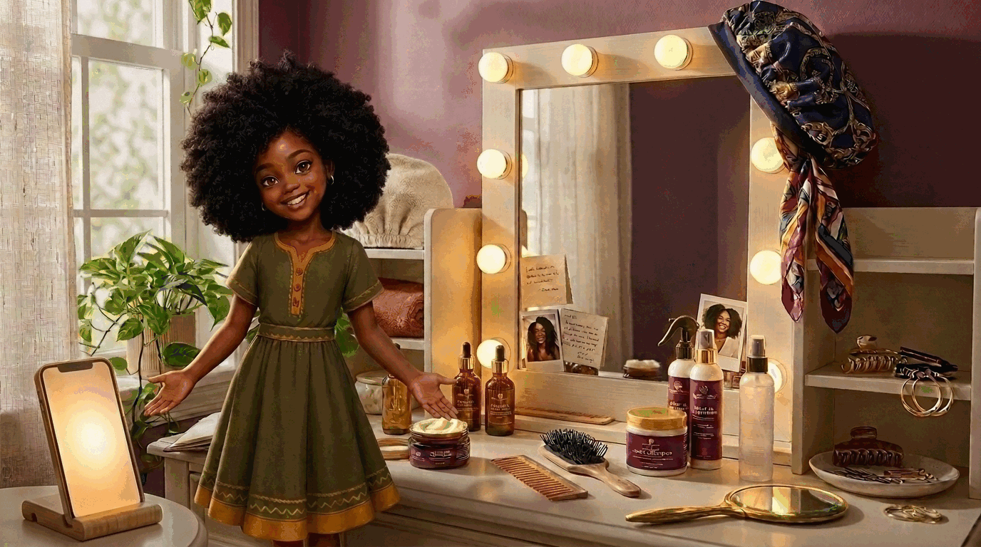 Coco standing at a sunlit natural hair vanity covered with oils, creams, combs, and a lit mirror